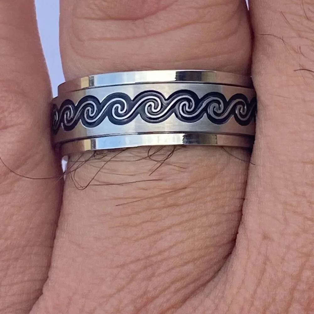 Men’s Spinner Ring Size 10 Stainless Steel Fidget Band Black Wave Design
